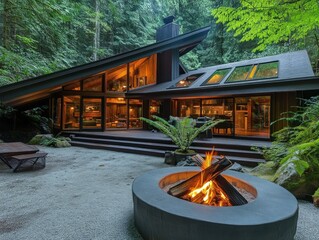 Beautiful modern home nestled in a serene forested landscape