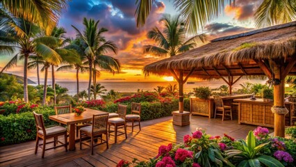 Fototapeta premium Sunset over a tiki bar with bamboo tables and chairs, surrounded by lush greenery and exotic flowers, palm trees, outdoor, palm trees