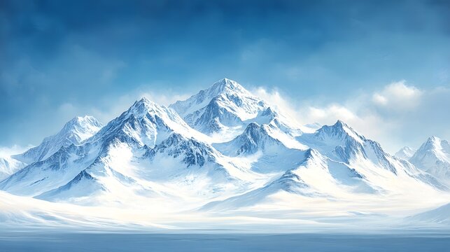 Majestic Mountain Peaks: A breathtaking panorama of snow-capped mountain peaks piercing the azure sky, creating a dramatic landscape of ethereal beauty.   - Powered by Adobe