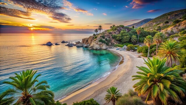 serene beach scene with crystal clear blue water at Livadi in Ikaria island surrounded by lush greenery and towering palm trees at sunset, crystal clear, sunset