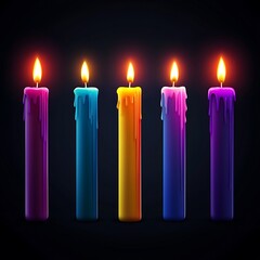 Colorful burning candles on black background