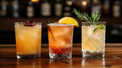 Three craft cocktails on a bar.