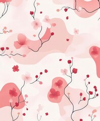 Abstract Floral Pattern with Soft Pink and Red Shapes on White Background