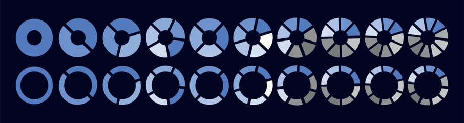 Pie chart set. Colorful diagram collection. segmented circle icons, circle diagram. Pie chart divided 1,2,3,4,5, equal parts. Pie charts diagrams. Different color circle. Vector illustration