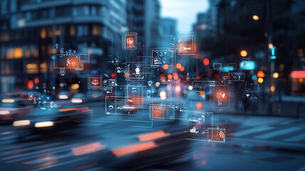 busy intersection with digital traffic signals and smart city technology, showcasing urban life and connectivity