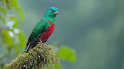 Obraz premium Vibrant turquoise, red, and green Resplendent Quetzal perched on mossy branch.
