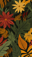 Colorful floral pattern with red and yellow flowers on dark background