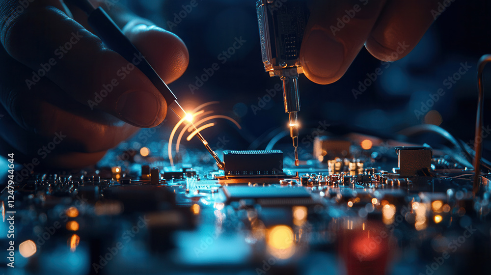 Poster close up of hand installing microchip on circuit board, showcasing precision and technology