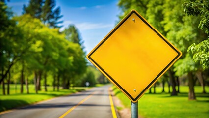 Yellow traffic sign at summer road intersection, Highway, Warning,  Highway, Warning