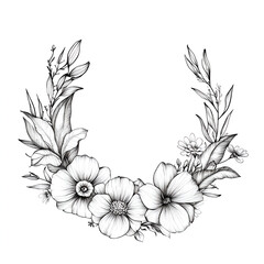 Obraz premium Black and white floral wreath illustration with various flowers and leaves