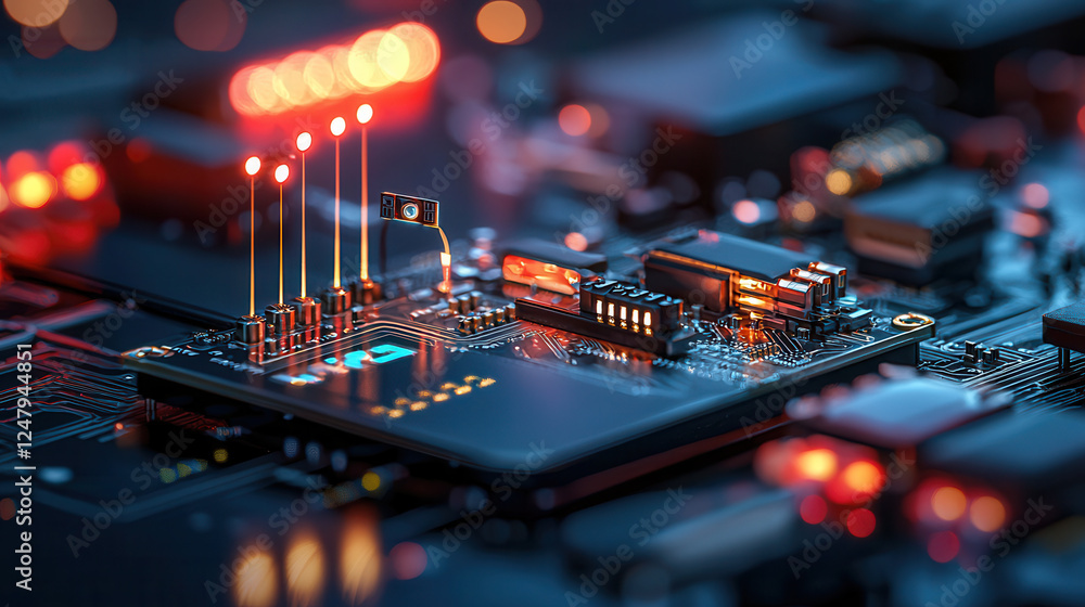 Poster close up of circuit board with glowing components and intricate details, showcasing technology and i