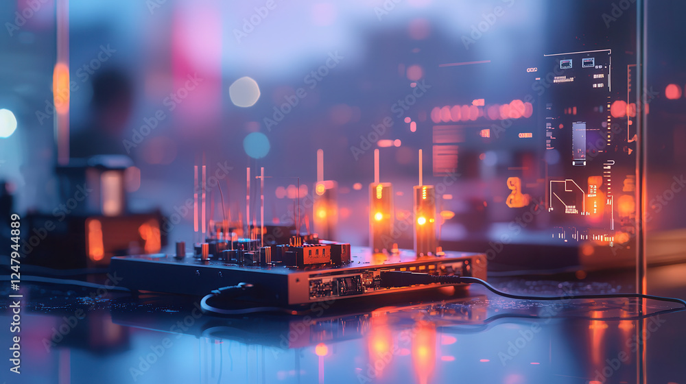 Poster close up of modern 5g router with glowing lights and digital interfaces, showcasing advanced technol