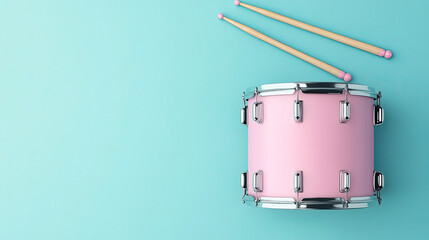 Pastel Pink Drum and Drumsticks on Turquoise Background