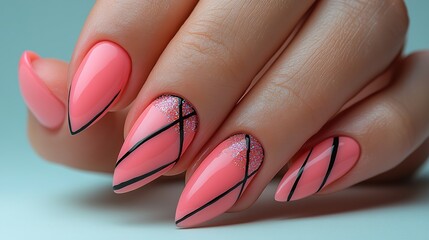 A close up of hands with stylish pink nails featuring black geometric lines, reflecting modern elegance and fashion trends.