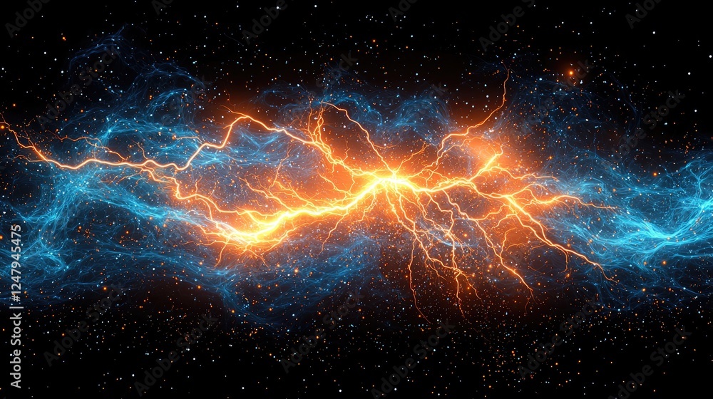 Poster cosmic lightning: a mesmerizing display of celestial energy, where fiery plasma clashes with cool bl