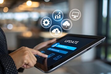 Hands Updating Software on a Tablet with Interface Icons