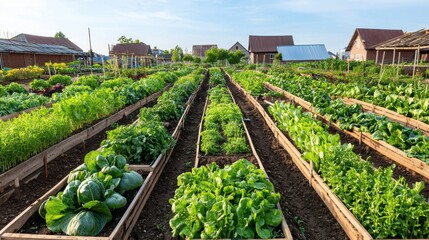 Vibrant Community Garden with Diverse Crops in Wide Shot