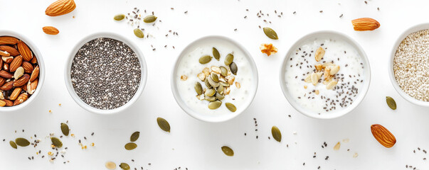 Healthy ingredients arranged in bowls, including chia seeds, yogurt, nuts, and seeds, create clean and minimalist flat lay. This composition emphasizes nutrition and wellness