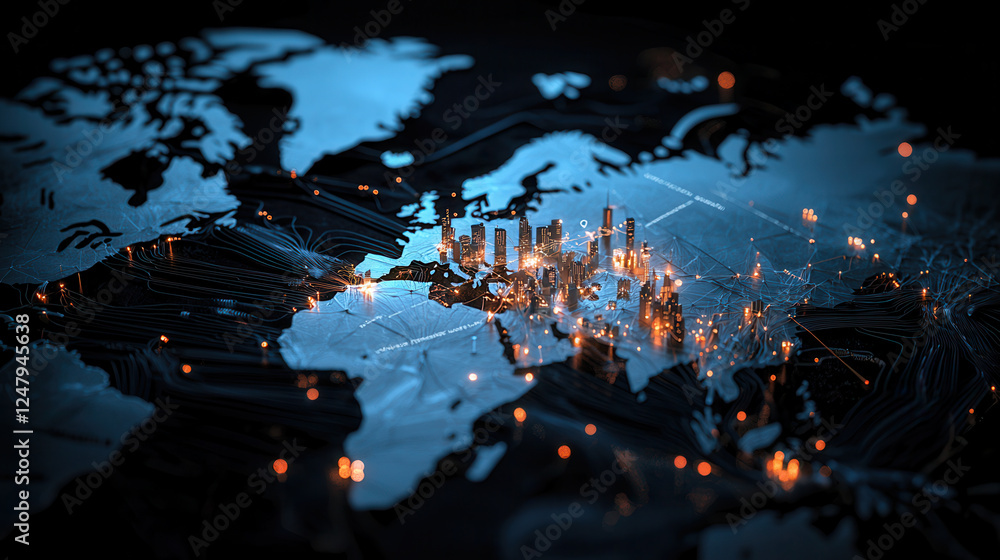 Poster conceptual image of global network with illuminated cities and connections. vibrant lights represent