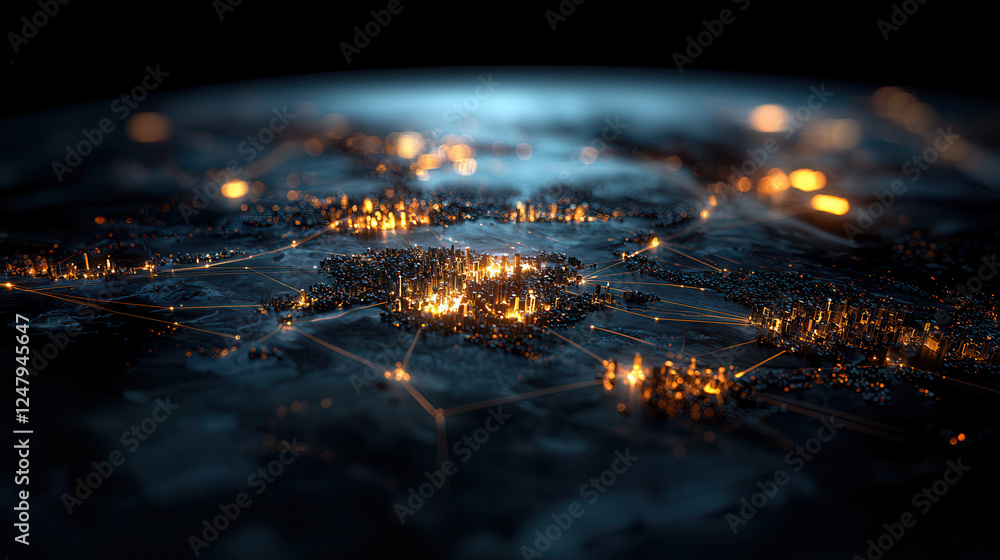 Poster conceptual image of global 5g network connection showcasing illuminated cities and interconnected no