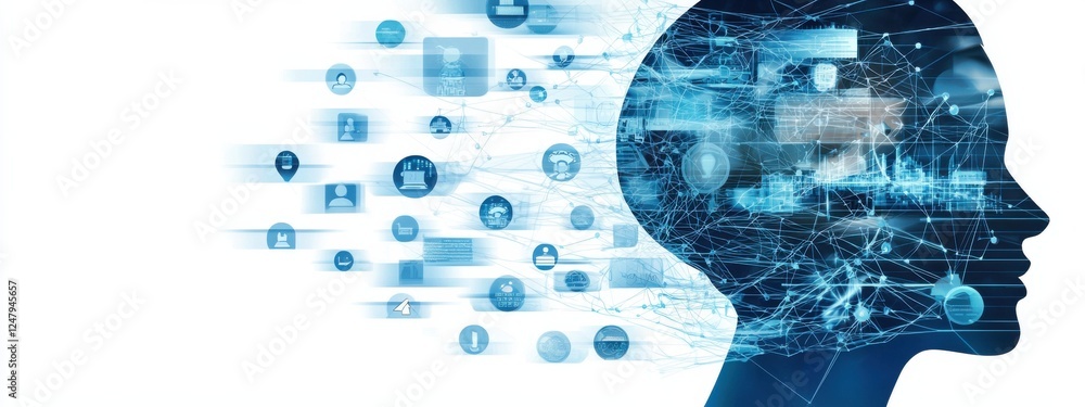 Aufkleber futuristic human head with digital data flow representing technology and artificial intelligence inn