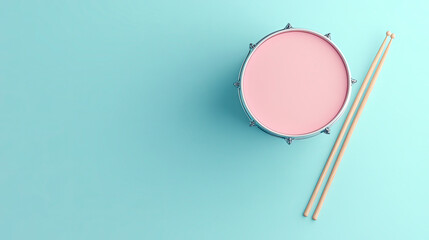 Pastel Pink Drum and Drumsticks on Turquoise Background