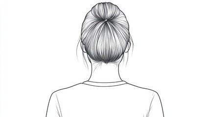 Back view of a woman with a bun hairstyle, wearing a simple shirt against a plain background