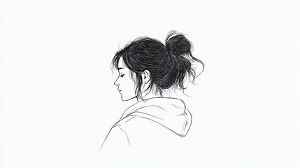 Profile sketch of a young woman with a bun, wearing a hoodie, set against a minimalist background