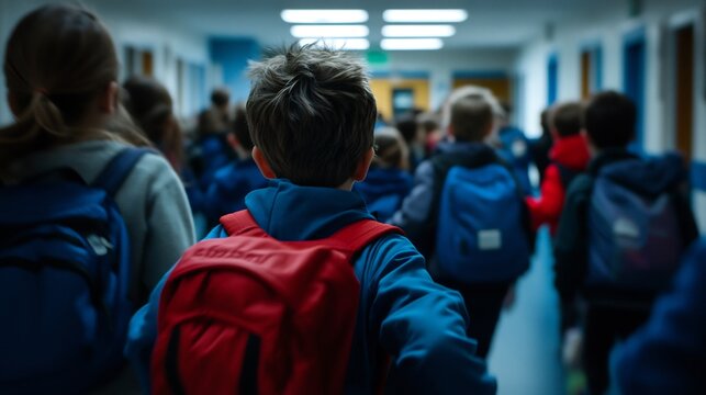 School Children Walking Down Corridor