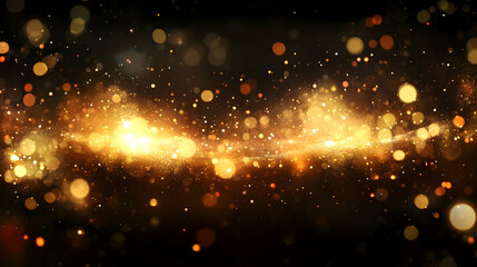 Obraz premium Golden light particles, cosmic dust, dark background, abstract design, website banner