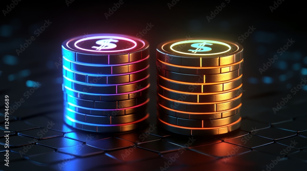 Poster futuristic data storage cylinders illuminated neon glow technology digital binary code