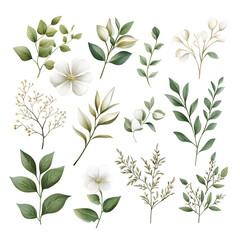 collection of various green leaves and white flowers, perfect for design projects