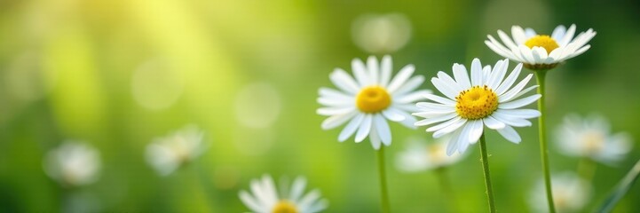 Naklejka premium Delicate white chamomile flowers swaying in the breeze, soft focus, , botanicals