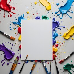 A vibrant array of paint splashes and brushes scattered on a clean white background, showcasing creativity and color.