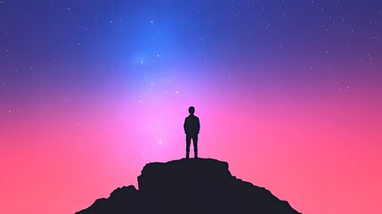 Silhouette of a person standing on a mountain peak against a vibrant starry night sky background