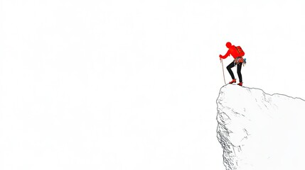 A solitary climber in red gear conquering a rocky peak against a stark white background