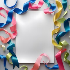 Colorful ribbons and crumpled paper scattered on a soft gray background, creating a playful and artistic composition.  