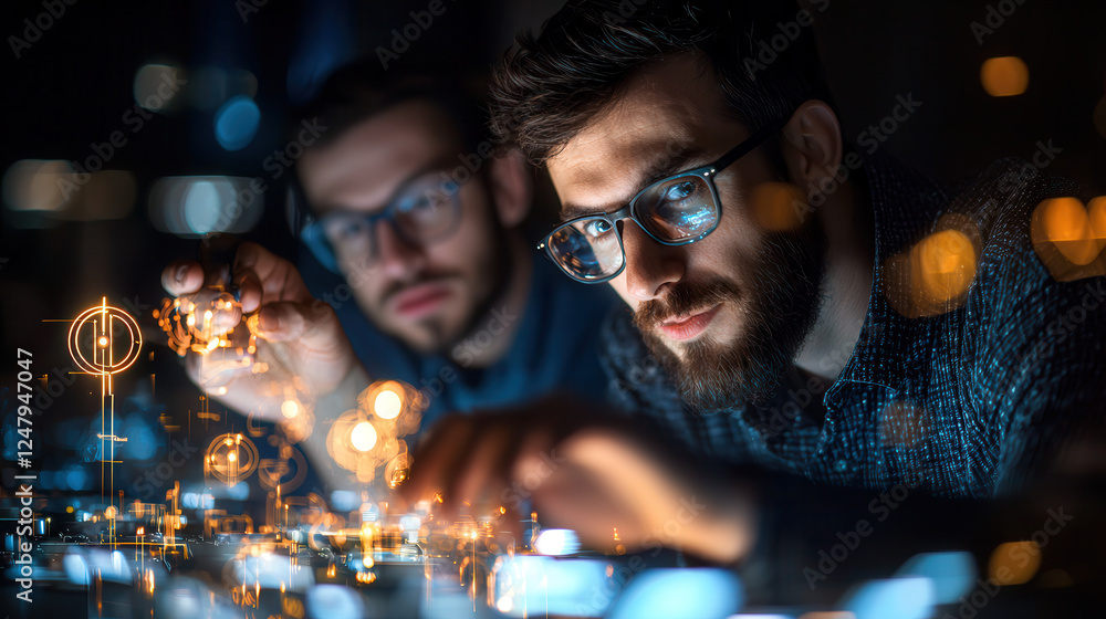 Poster innovative engineers analyzing 5g network infrastructure with technology