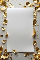  A blank white sheet of paper elegantly framed by shimmering gold leaves, inviting creativity and inspiration.  