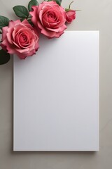 A blank white card adorned with delicate pink roses, set against a soft gray background, inviting creativity and expression.