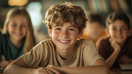 Fototapeta premium Group of students smiling and engaging in classroom setting, showcasing joy and collaboration