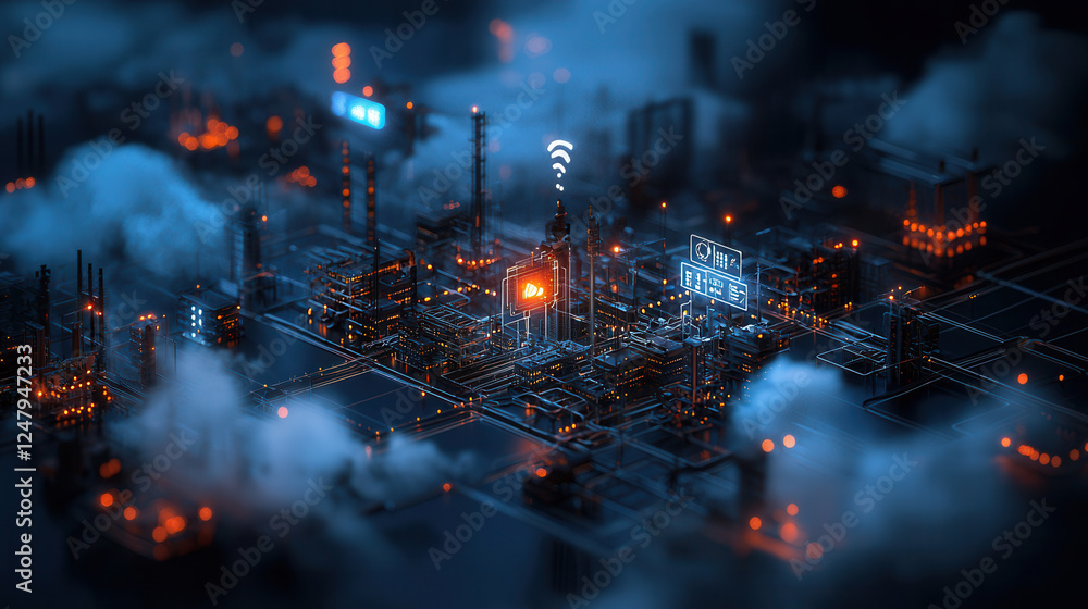 Poster futuristic smart factory utilizing advanced technology and automation, showcasing network of industr