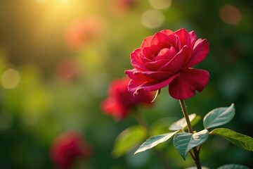 Fototapeta premium Mature red rose bush with long stems and full bloom in sunlight, colors, garden, light