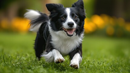 Fototapeta premium A dynamic shot of a black and white border collie running energetically across a vibrant green field, its happy expression captured in clear detail.