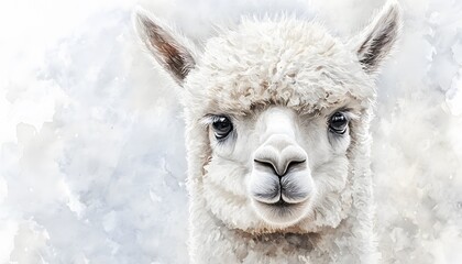 Watercolor painting depicts a charming white alpaca portrait