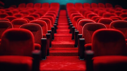Empty red cinema seats in rows.