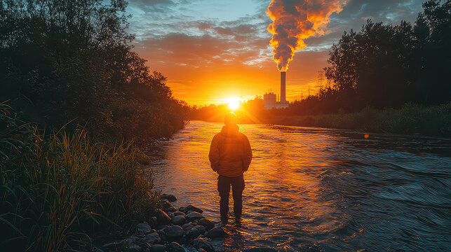 Silhouette of a person standing in a river at sunset, with a factory and smoke stack in the background.