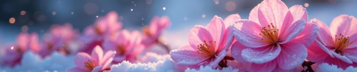 Fototapeta premium Snowflakes gently fall onto pink flower petals, frozen, cold