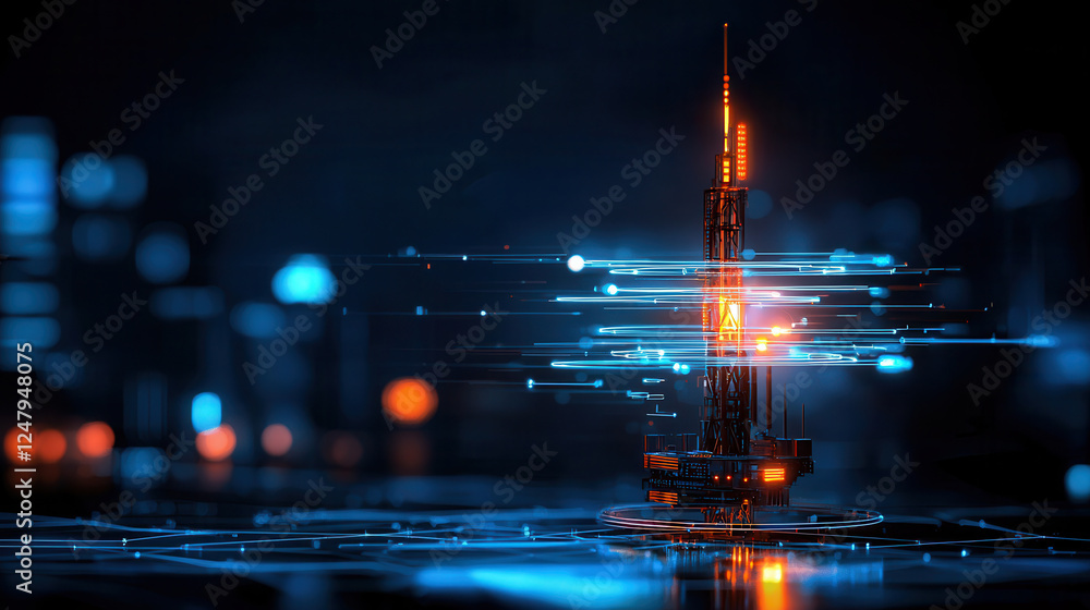 Poster visual representation of 5g signal tower emitting waves futuristic setting. vibrant colors and dynam