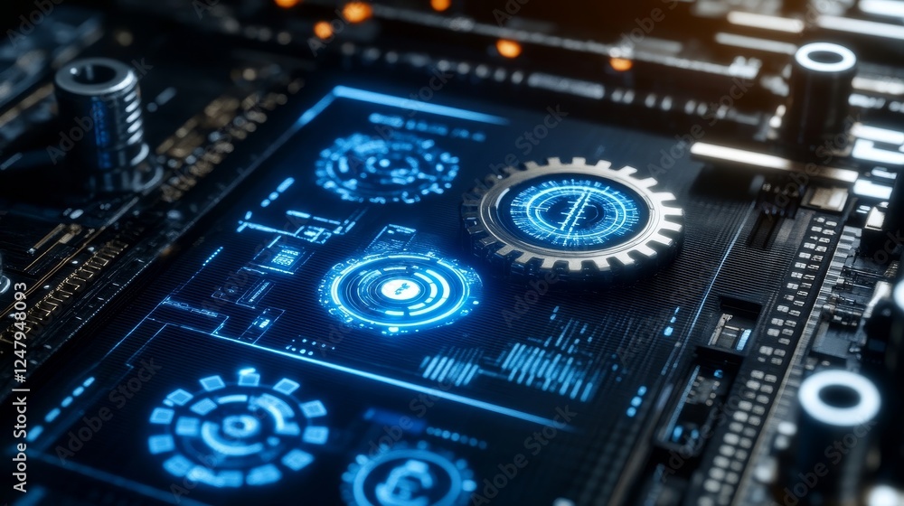 Poster advanced technology circuit board with glowing cogwheels: digital innovation and futuristic engineer